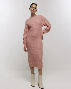 River Island plait jumper midi dress Pink Sale