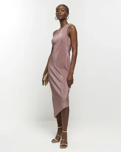 River Island plisse asymmetric bodycon midi dress Pink Hot