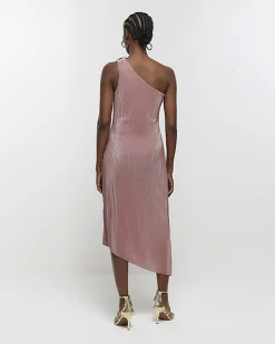 River Island plisse asymmetric bodycon midi dress Pink Hot