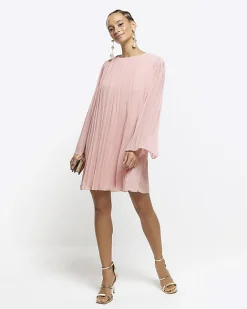 River Island plisse long sleeve shift mini dress Pink Discount