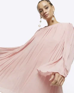 River Island plisse long sleeve shift mini dress Pink Discount