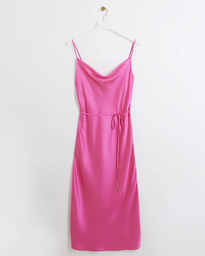 River Island satin cowl neck slip midi dress Pink Discount