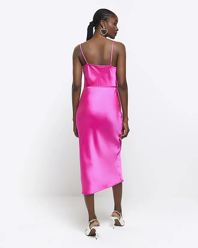 River Island satin cowl neck slip midi dress Pink Discount