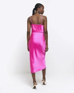 River Island satin cowl neck slip midi dress Pink Discount