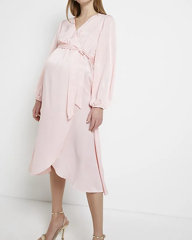River Island satin maternity wrap midi dress Pink Outlet