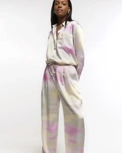 River Island Pink satin ombre wide leg trousers Green New