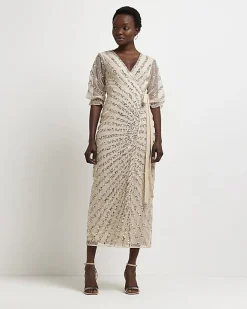 River Island sequin wrap maxi dress Pink Hot