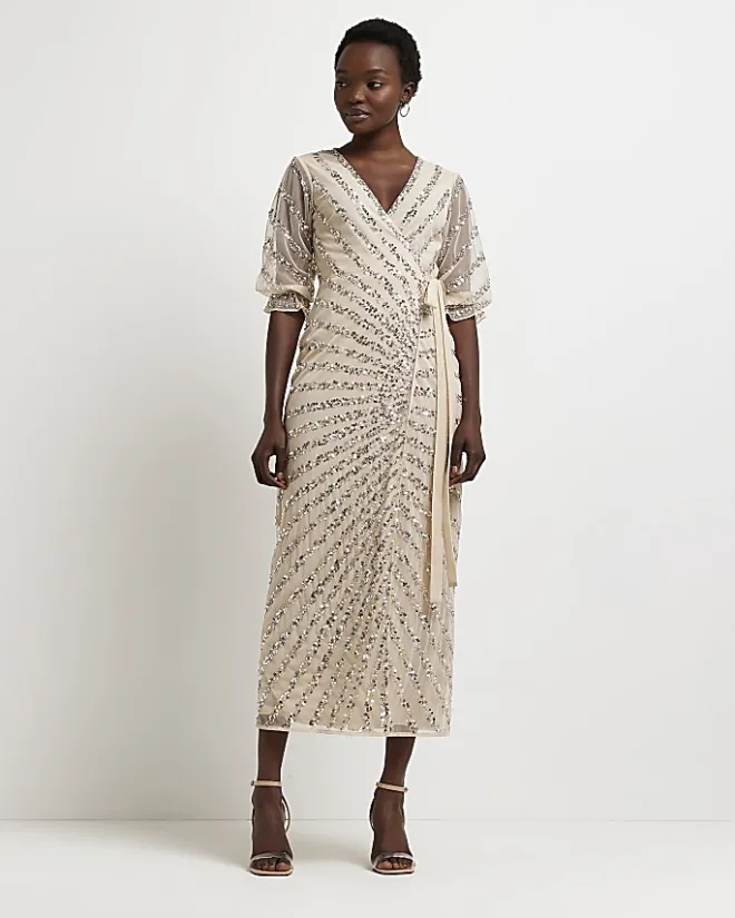 River Island sequin wrap maxi dress Pink Hot