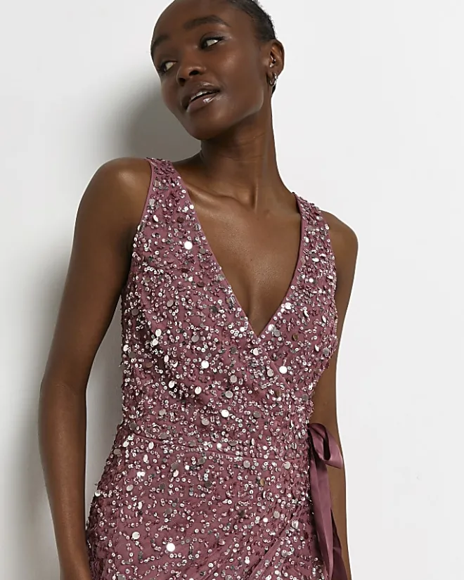 River Island Sequin Wrap Midi Dress Pink Sale