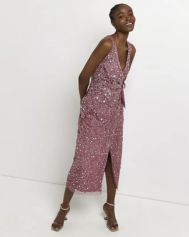 River Island Sequin Wrap Midi Dress Pink Sale