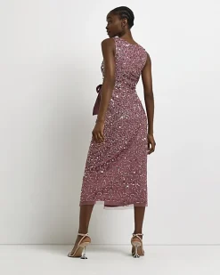 River Island Sequin Wrap Midi Dress Pink Sale