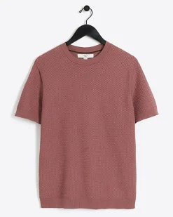 River Island slim fit textured knit t-shirt Pink Online