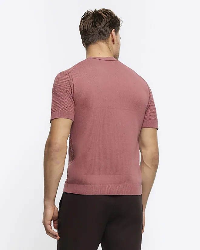 River Island slim fit textured knit t-shirt Pink Online