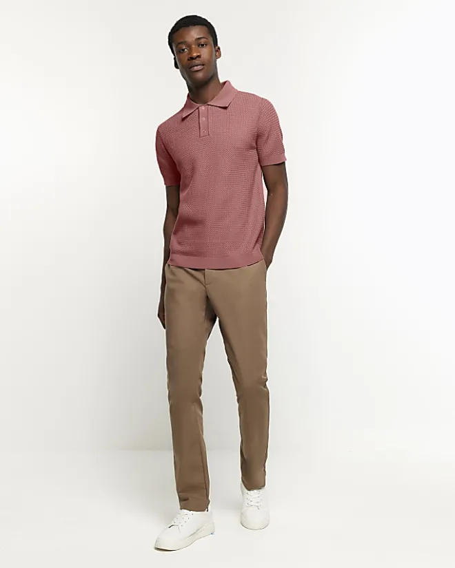 River Island slim fit textured knit polo Pink New