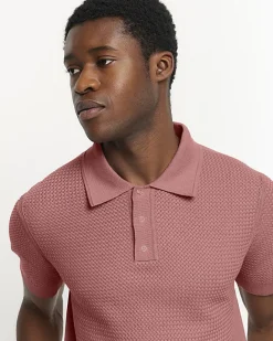 River Island slim fit textured knit polo Pink New