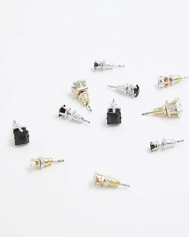 River Island 9pk diamante stud earrings Black Online