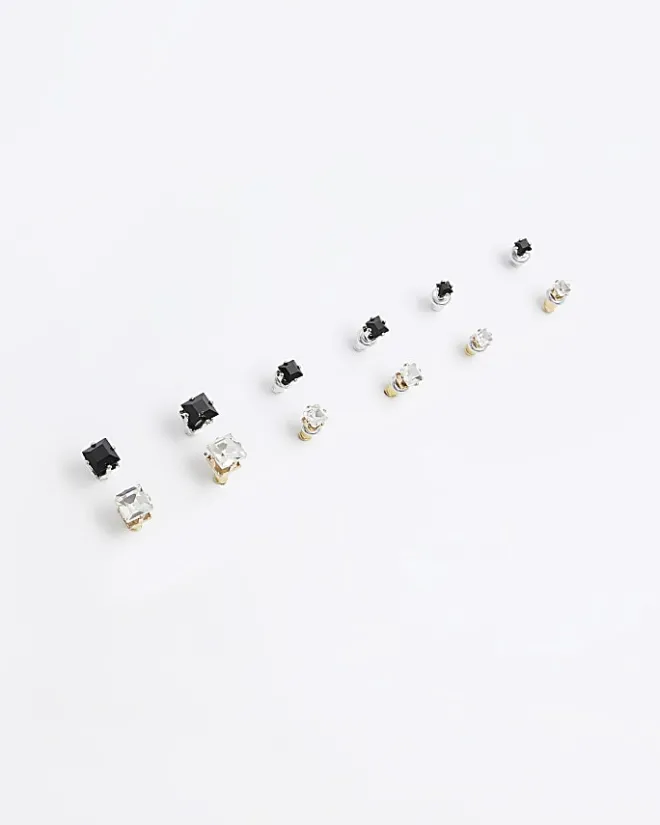 River Island 9pk diamante stud earrings Black Online
