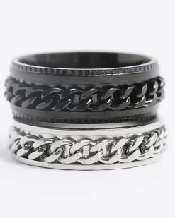 River Island 2PK stainless steel chain rings Black Outlet