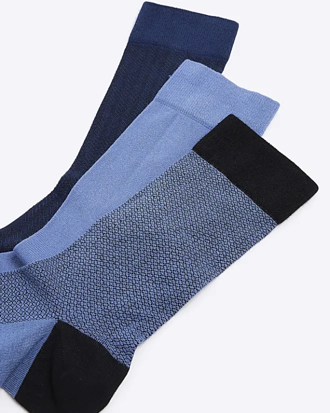 River Island 3PK geometric bamboo ankle socks Blue Sale