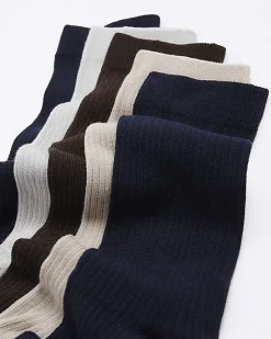 River Island 5PK ribbed ankle sock Brown Clearance