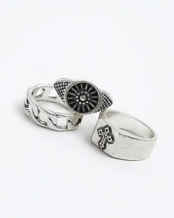 River Island 3PK silver colour cross ring Grey Outlet