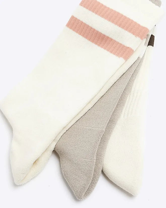 River Island 3PK double stripe tube socks Stone Sale