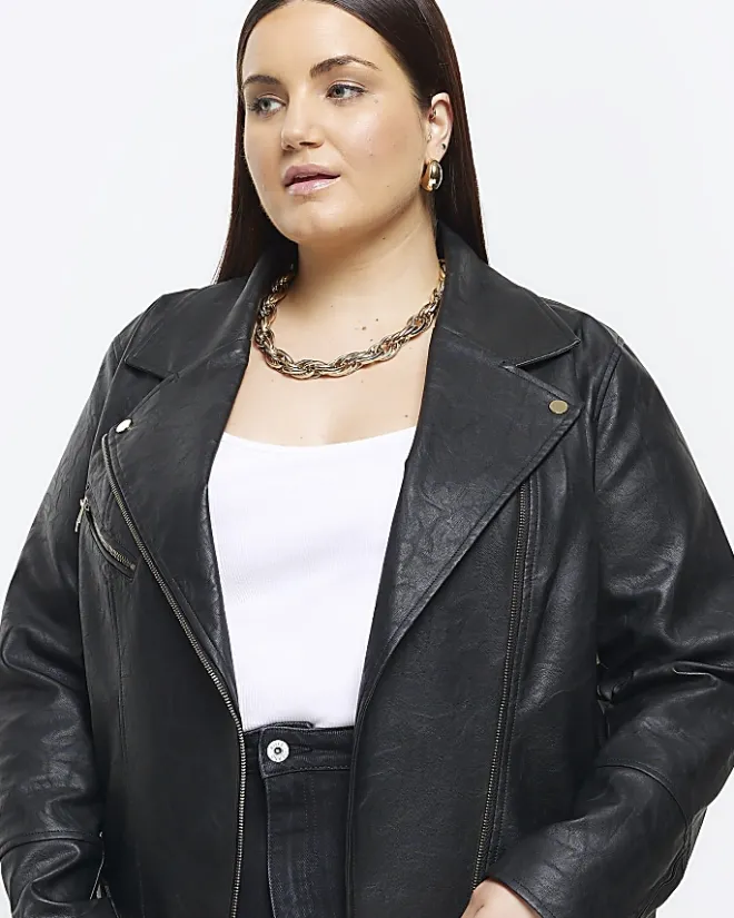 River Island Plus faux leather biker jacket Black Outlet