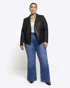 River Island Plus faux leather quilted blazer Black Clearance