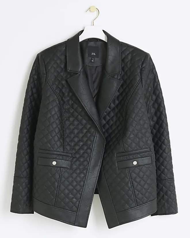 River Island Plus faux leather quilted blazer Black Clearance