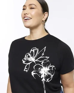 River Island Plus floral graphic t-shirt Black Outlet
