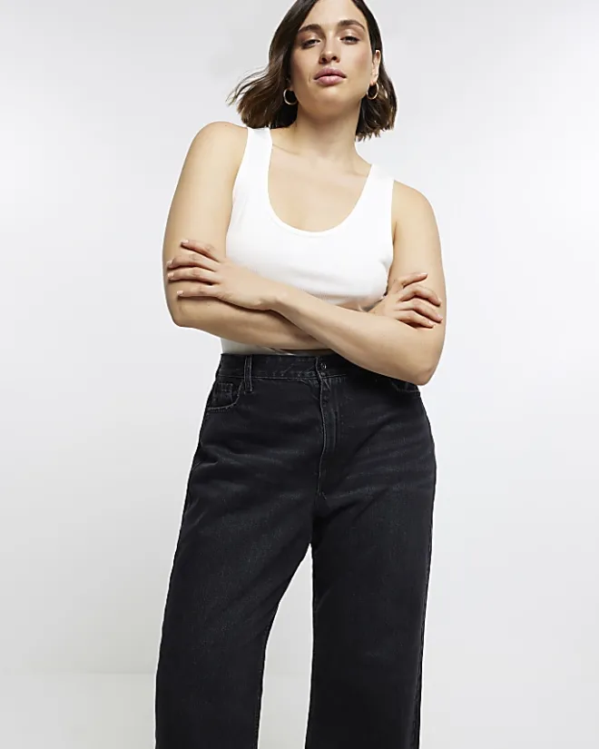 River Island Plus mid rise relaxed straight jeans Black Fashion