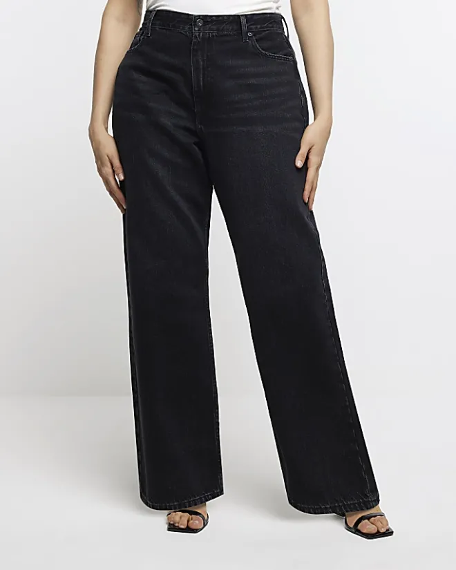 River Island Plus mid rise relaxed straight jeans Black Fashion
