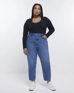 River Island Plus ribbed scoop neck long sleeve top Black New