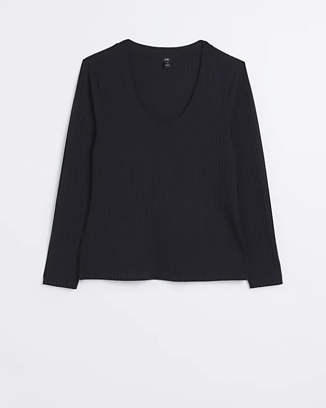 River Island Plus ribbed scoop neck long sleeve top Black New