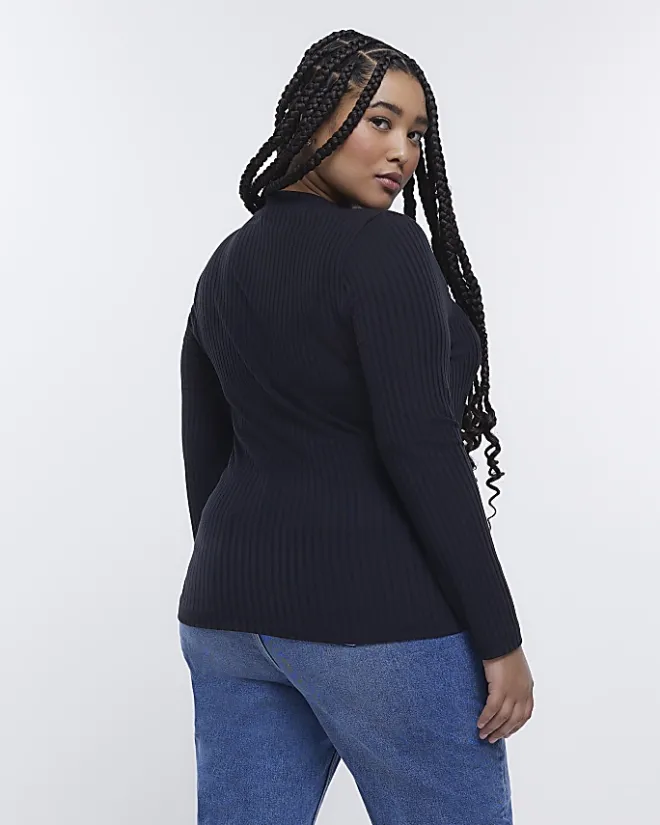 River Island Plus ribbed scoop neck long sleeve top Black New