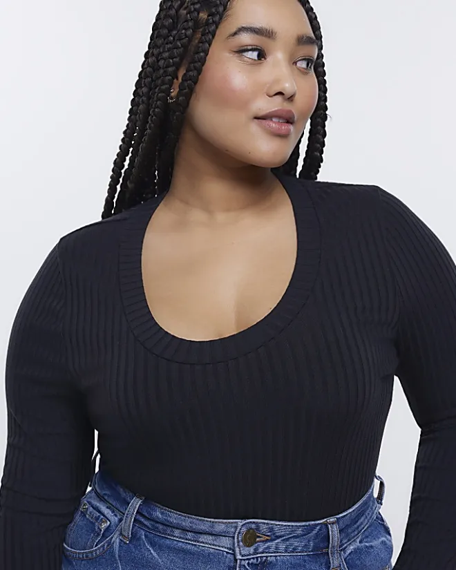 River Island Plus ribbed scoop neck long sleeve top Black New