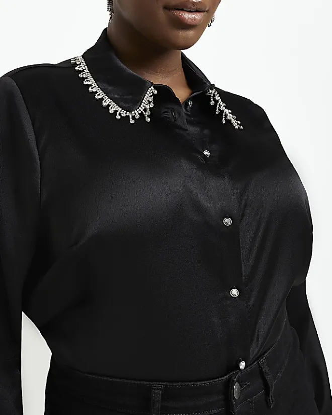 River Island Plus satin embellished shirt Black Best
