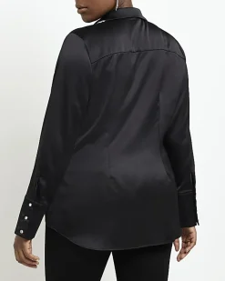 River Island Plus satin embellished shirt Black Best