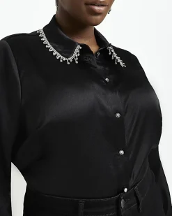 River Island Plus satin embellished shirt Black Best
