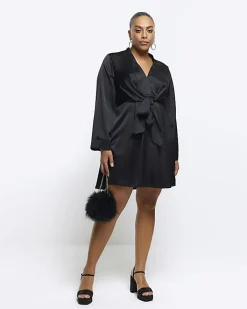 River Island Plus satin long sleeve mini dress Black Outlet