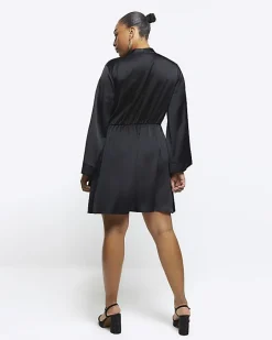 River Island Plus satin long sleeve mini dress Black Outlet