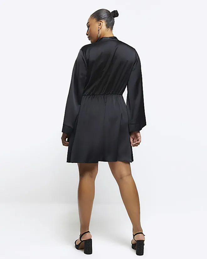 River Island Plus satin long sleeve mini dress Black Outlet
