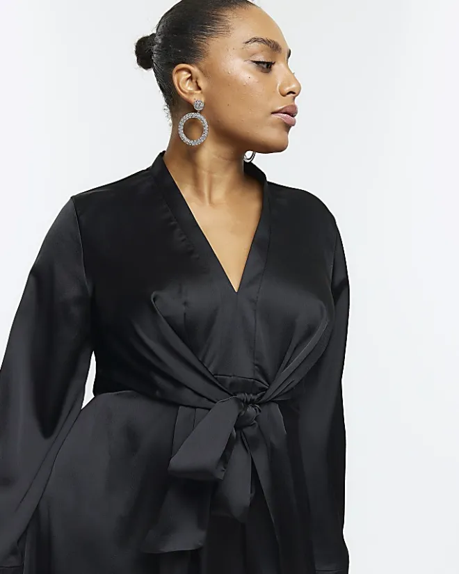 River Island Plus satin long sleeve mini dress Black Outlet