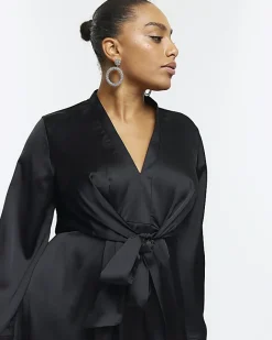 River Island Plus satin long sleeve mini dress Black Outlet