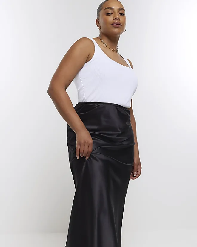 River Island Plus satin midi skirt Black New