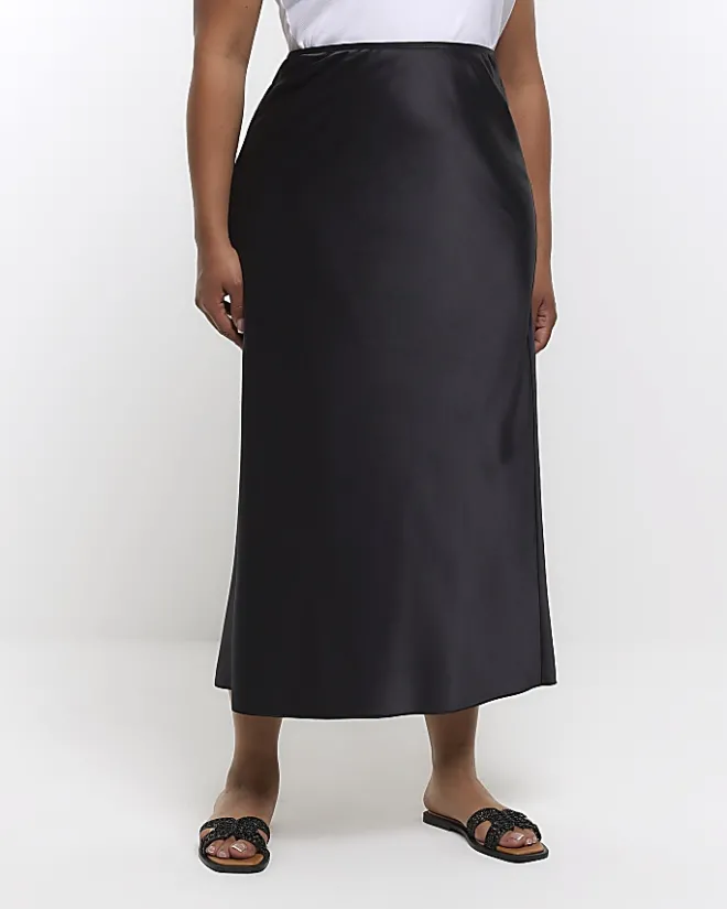 River Island Plus satin midi skirt Black New