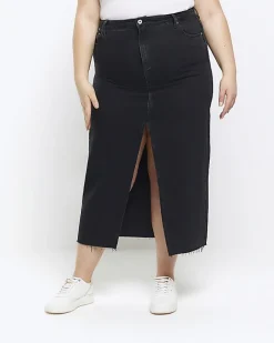 River Island Plus split hem denim midi skirt Black Online