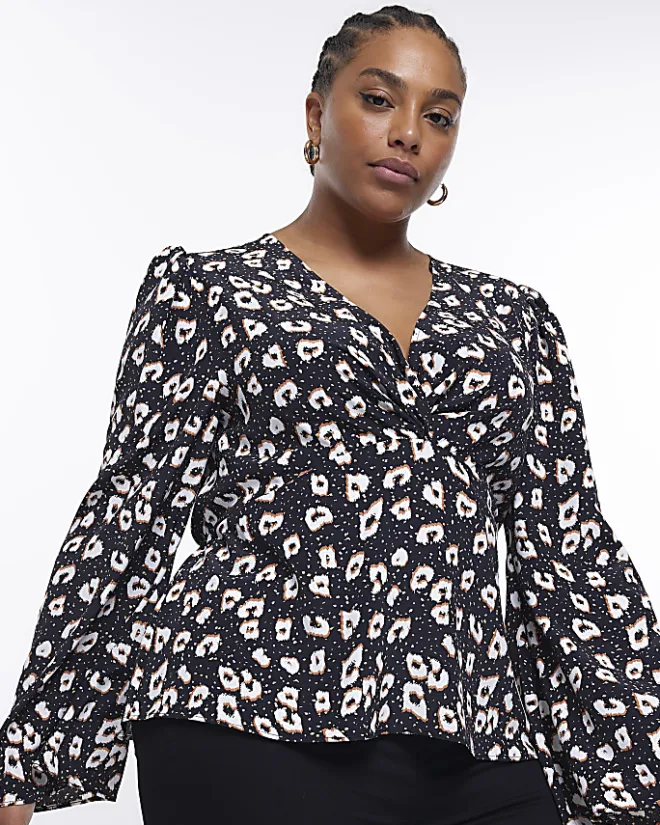River Island Plus spot long sleeve blouse Black New