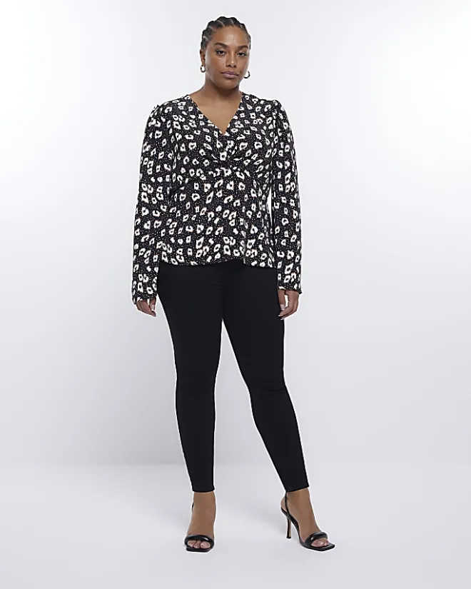 River Island Plus spot long sleeve blouse Black New