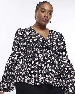 River Island Plus spot long sleeve blouse Black New